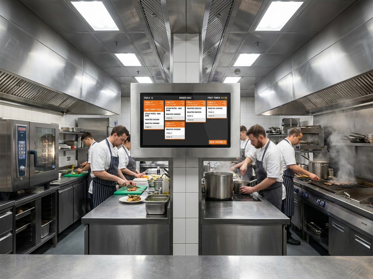 Pantalla de cocina KDS mostrando órdenes pendientes en una cocina profesional